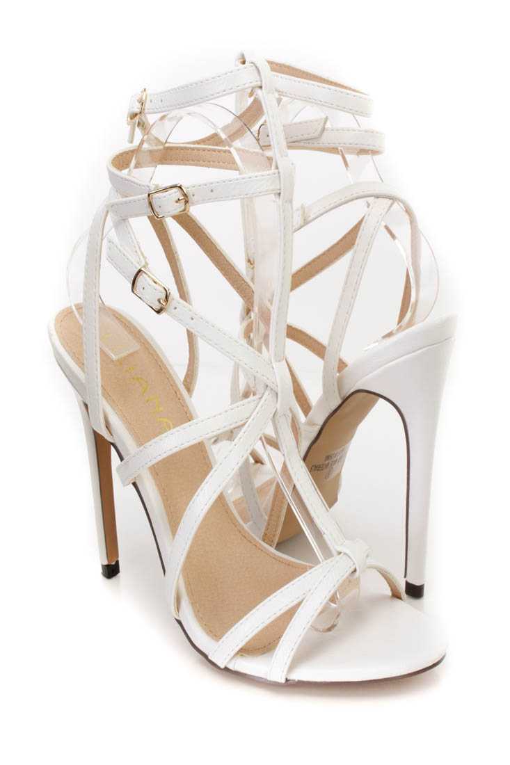 White Strappy Single Sole High Heels Faux Leather