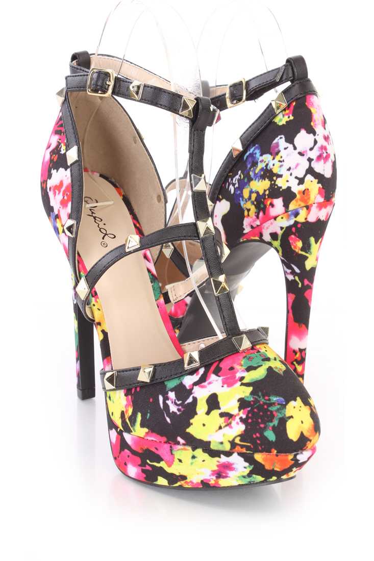 Black Floral Printed Spike Studded Strappy Platform High Heels Fabric