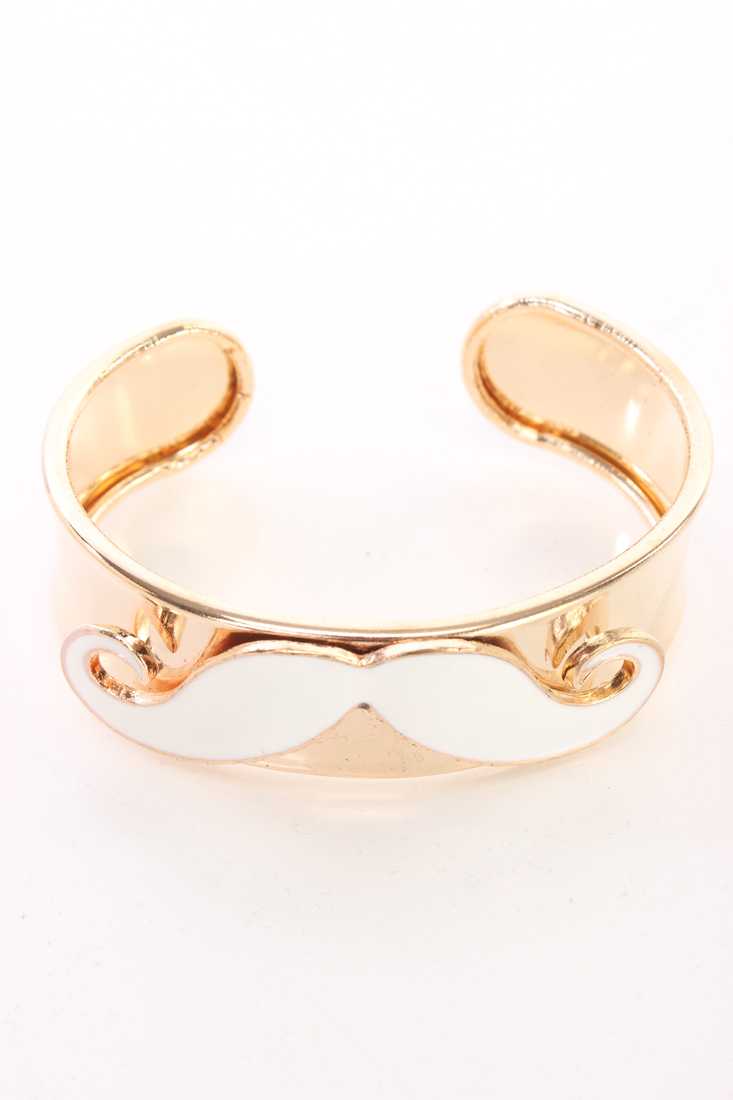 White Centered Mustache Accent High Polish Cuff Bracelet