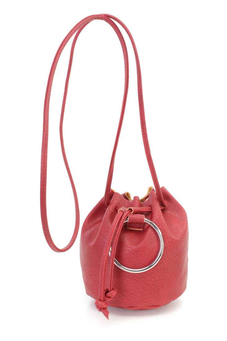 Wine Faux Leather Drawstring Bucket Handbag