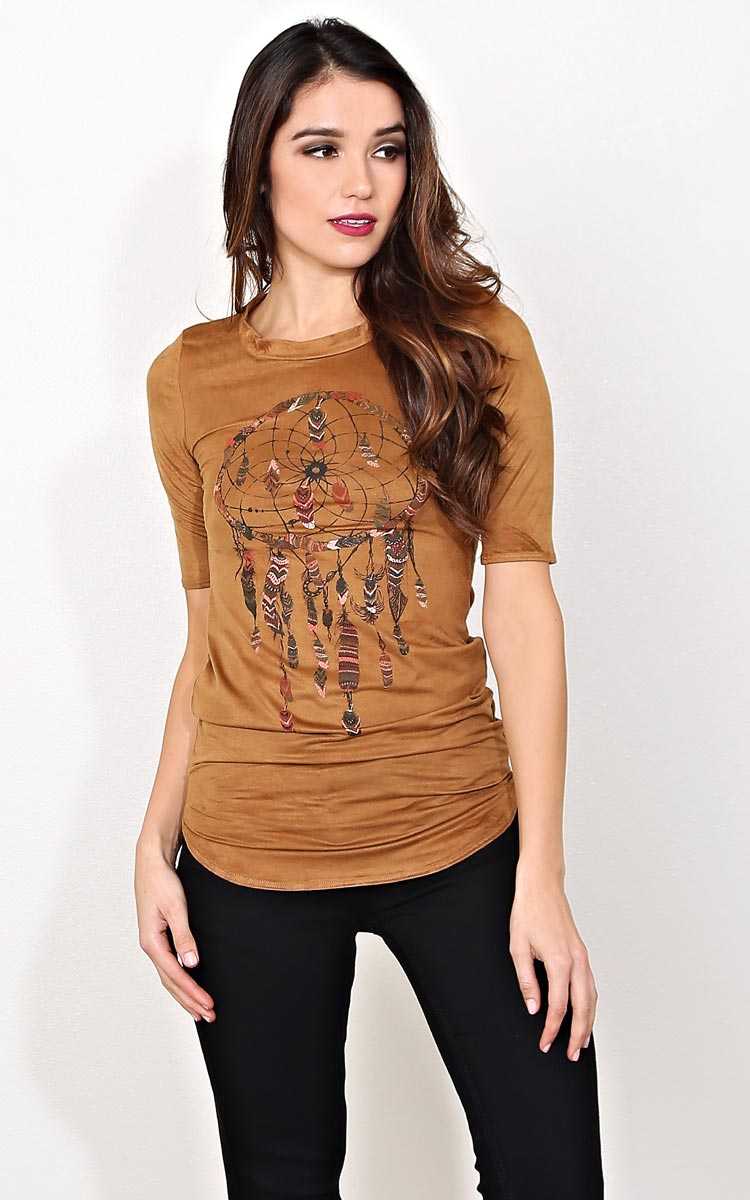 Native Dreams Faux Suede Top - SML - Mocha in Size Small by Styles For Less