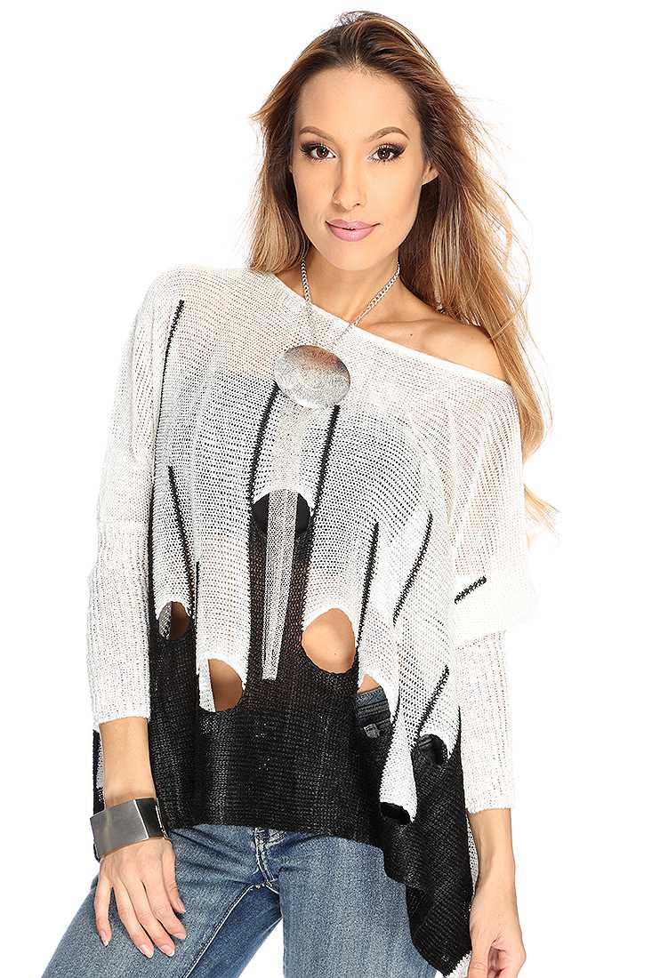 White Black Open Knitted Design Sweater