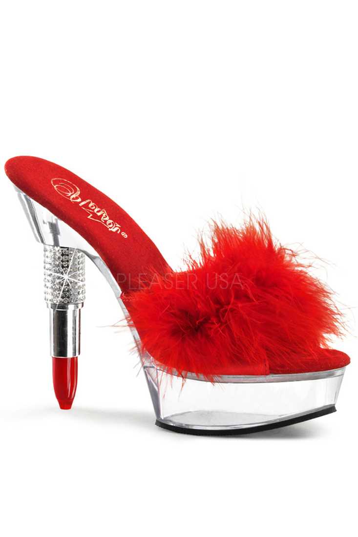 Red Rhinestone Embedded Lipstick Marabou Platform High Heels