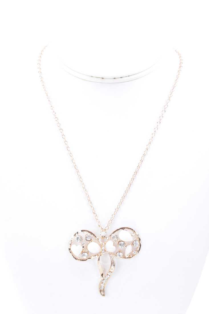 White Gemstone Rhinestone Bow Pendant Necklace