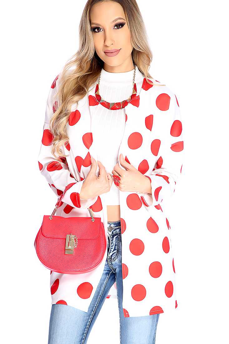 White Red Polka Dot Open Front Long Sleeve Jacket