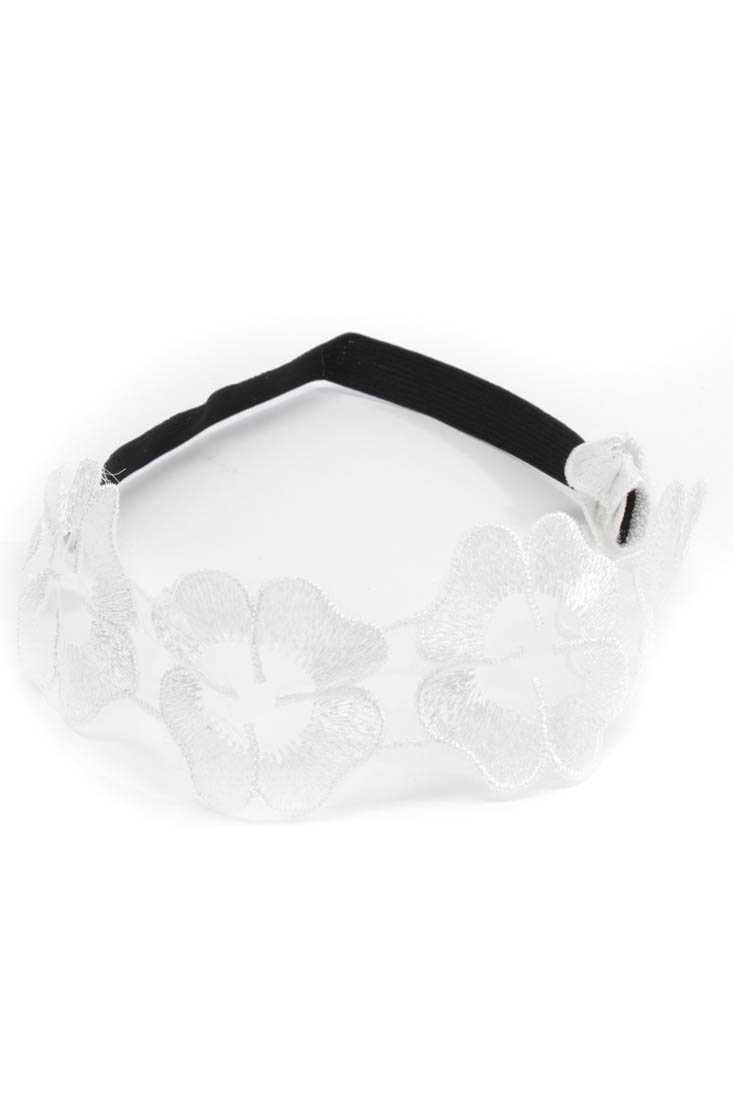 White Mesh Floral Accent Elastic Headband