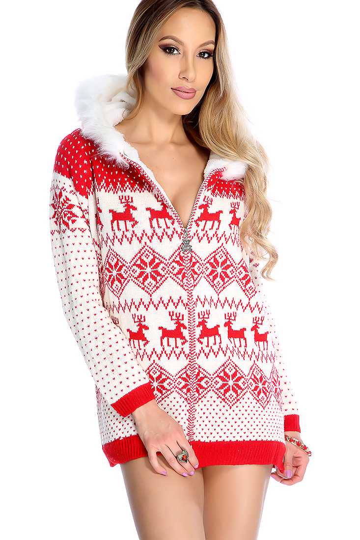 Red White Fair Aisle Zip Up Faux Fur Hooded Sweater