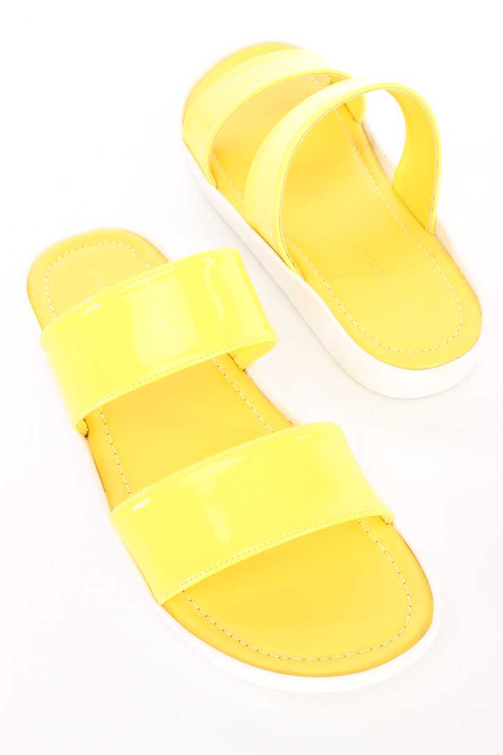 Yellow Strappy Slip On Sandals Patent Faux Leather