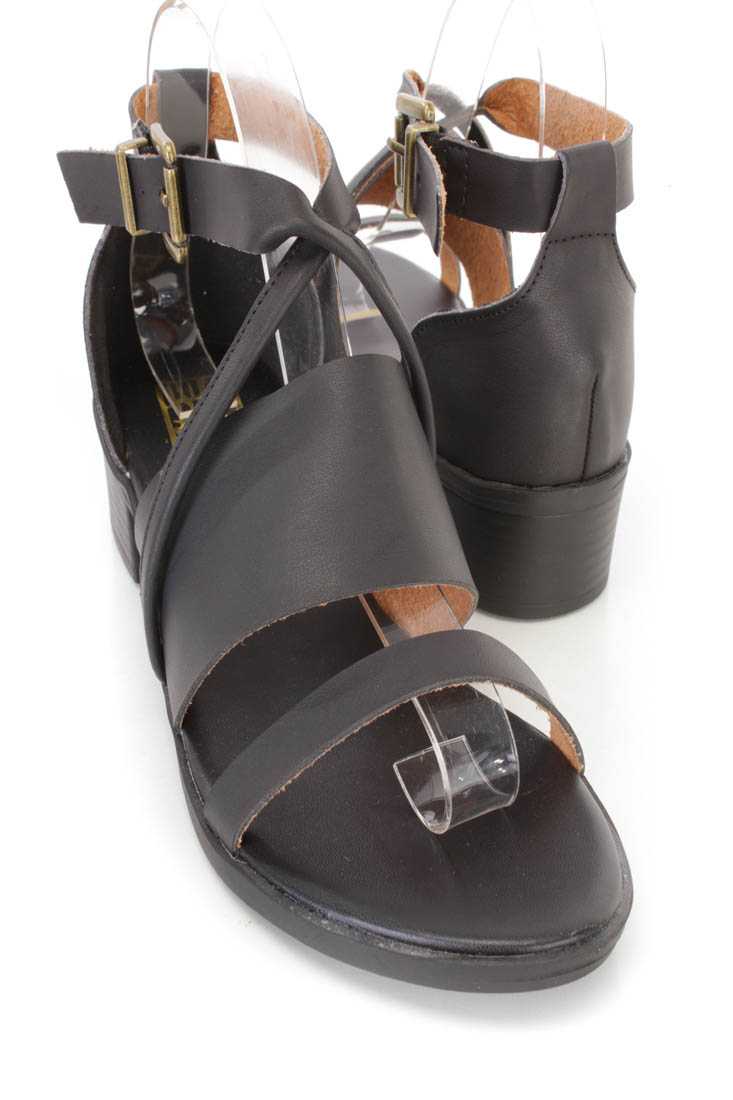 Black Strappy Chunky Heel Sandals Faux Leather