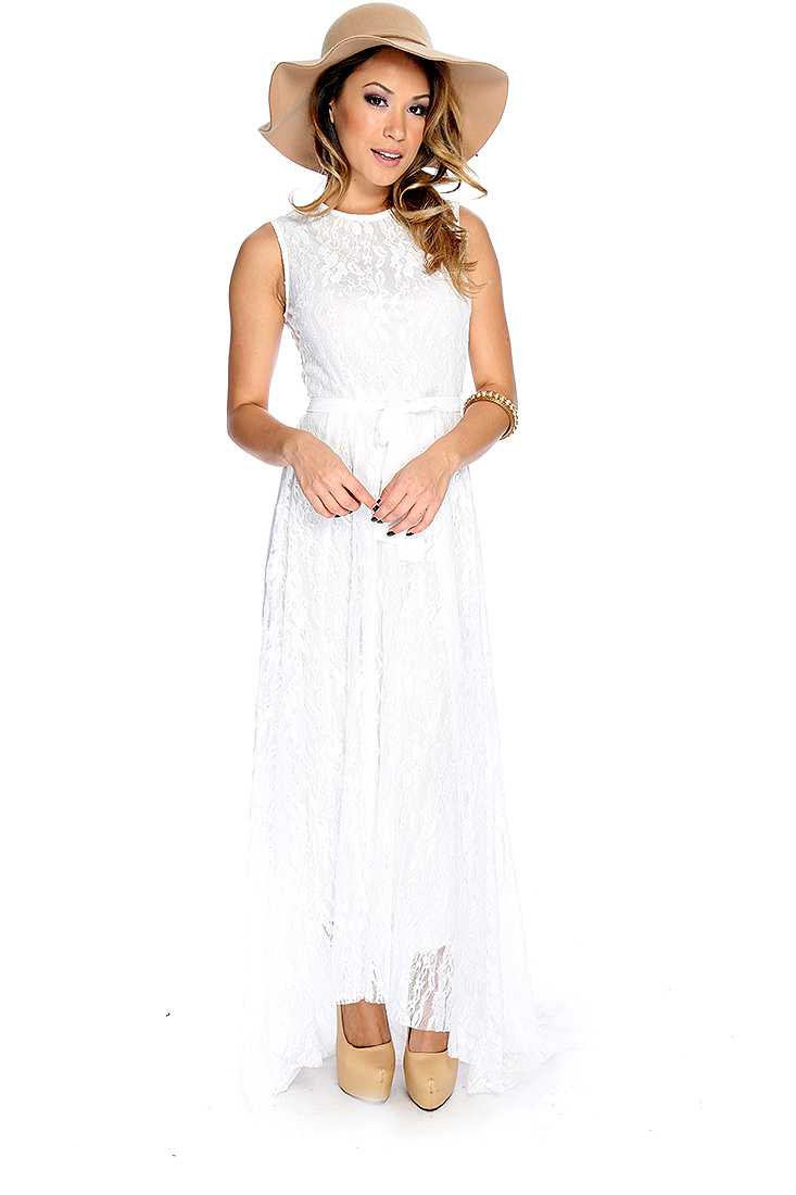 Sexy White Sleeveless Floral Lace Maxi Dress