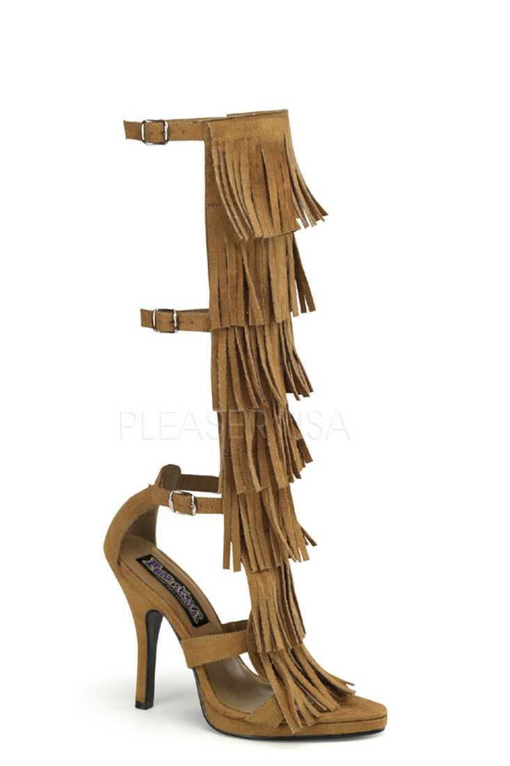 Tan Fringe Tiered High Heels Faux Suede