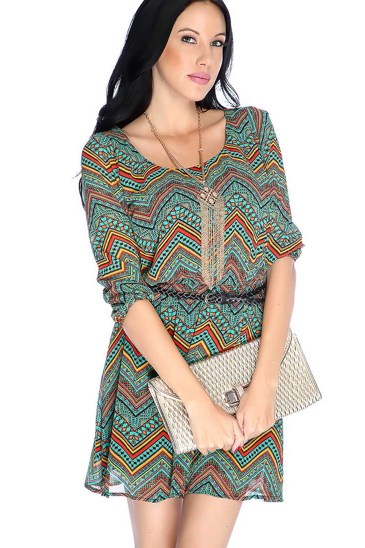 Sexy Seafoam Yellow Quarter Sleeve Chevron Print Causal Dress