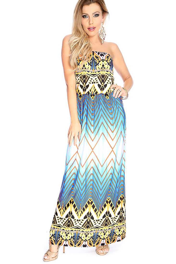 Casual Blue Orange Watercolor Tribal Print Maxi Dress
