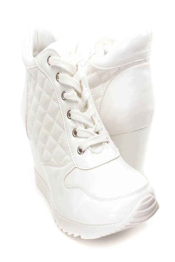 White Quilted Lace Up Sneaker Wedges Faux Leather