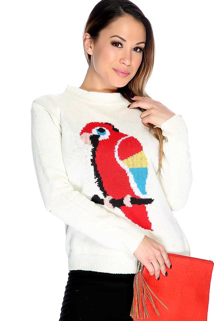 Ivory Knitted Parrot Long Sleeve Sweater Top