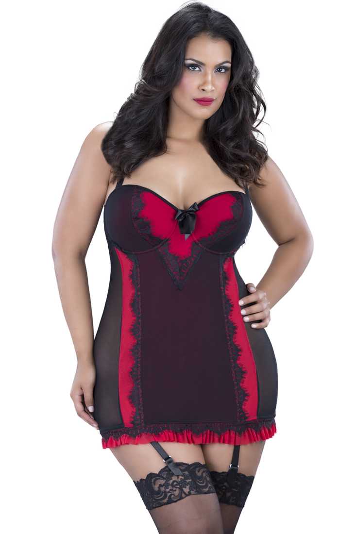 Red Black Two Tone Plus Size Baby Doll 2Pc. Lingerie