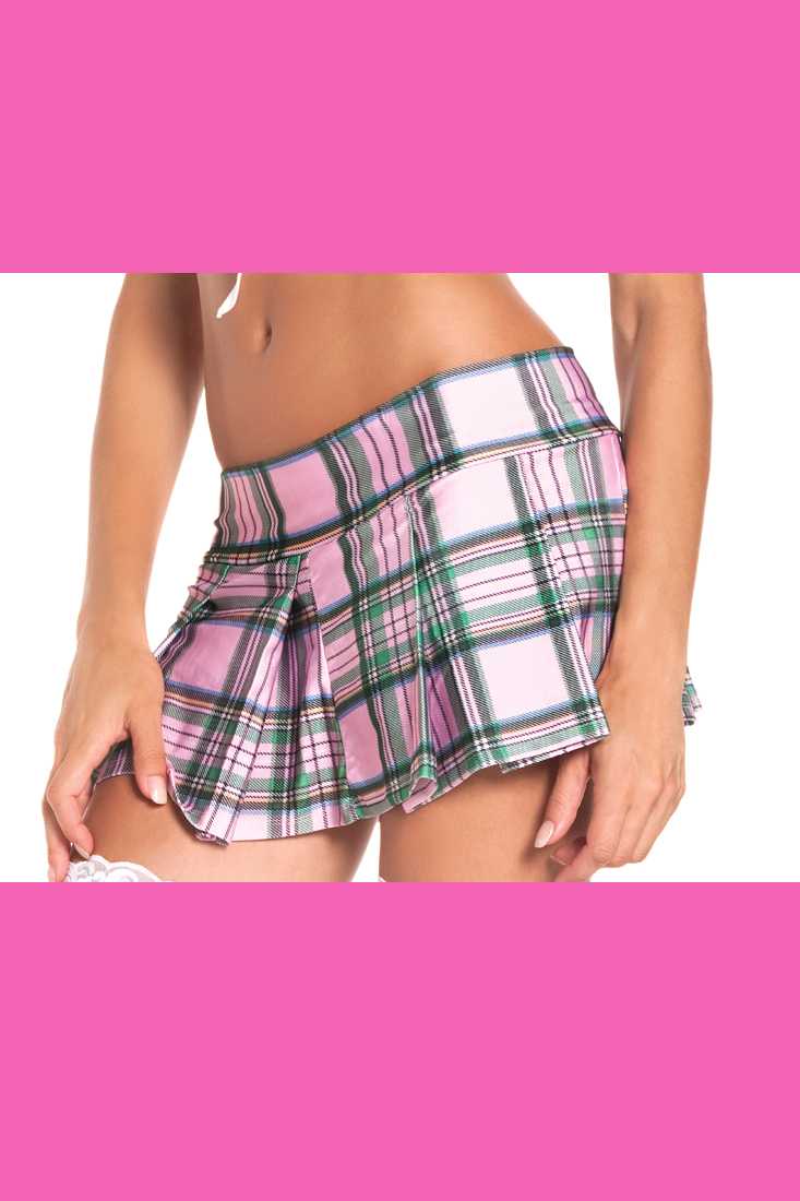 Pink Pleated Plaid School Girl Skirt