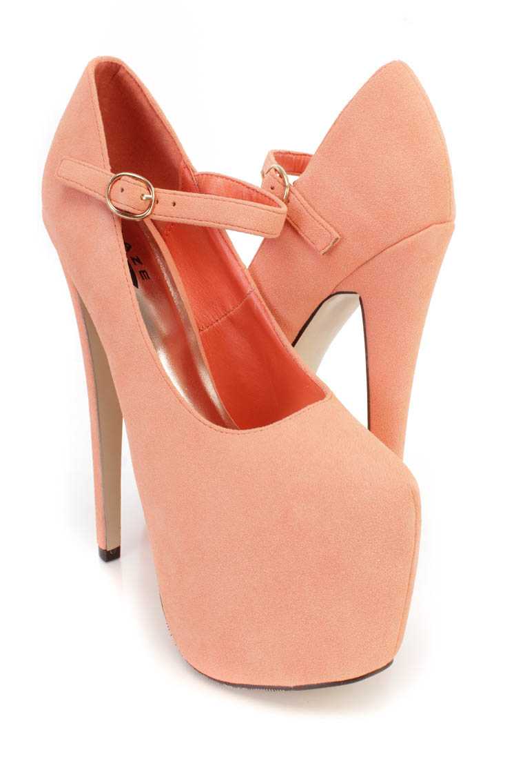 Peach Maryjane Platform 6 Inch High Heels Faux Suede
