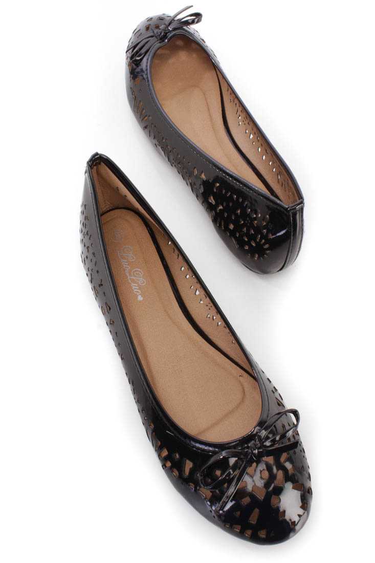 Black Perforated Bow Tie Ballet Flats Patent