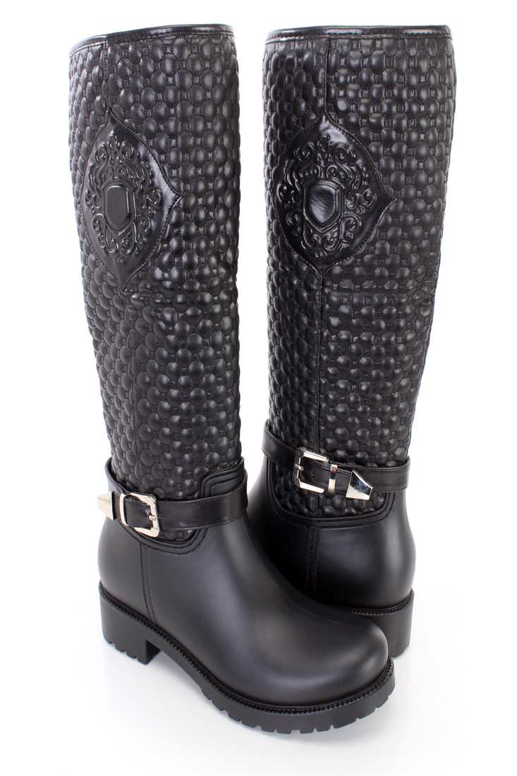 Black Stitched Quilted Riding Boots Faux Leather