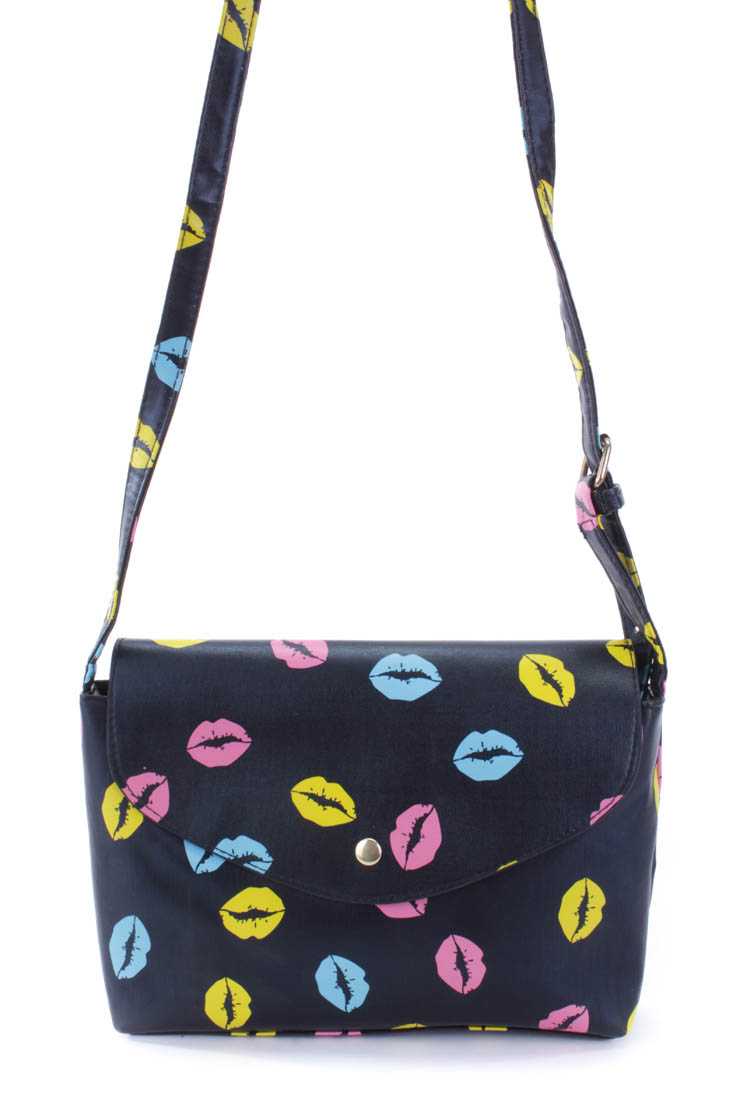 Black Lip Pattern Shoulder Strap Handbag