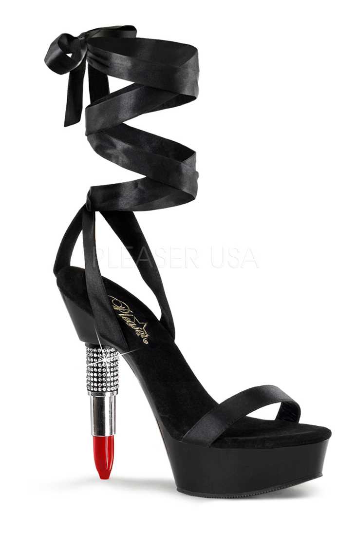 Black Satin Straps Rhinestone Embedded Lipstick Platform High Heels Patent