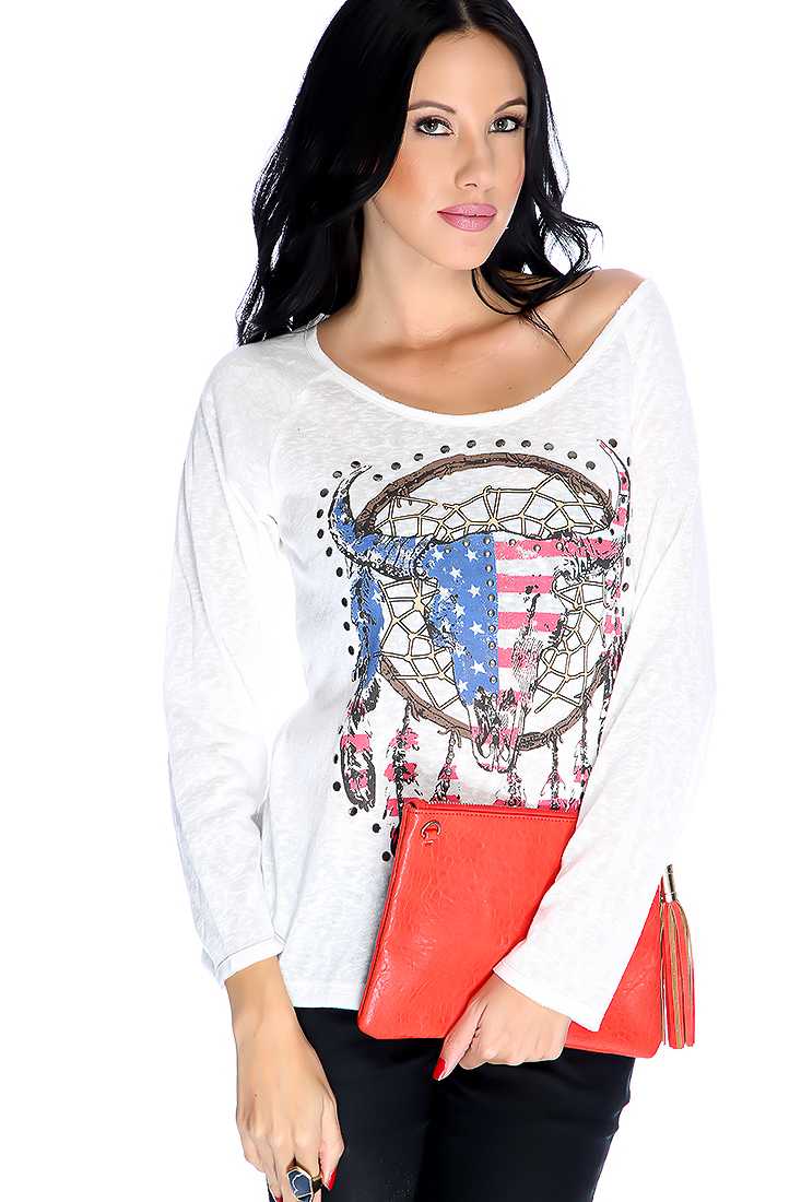 White Long Sleeve Graphic Print Studded Casual Top