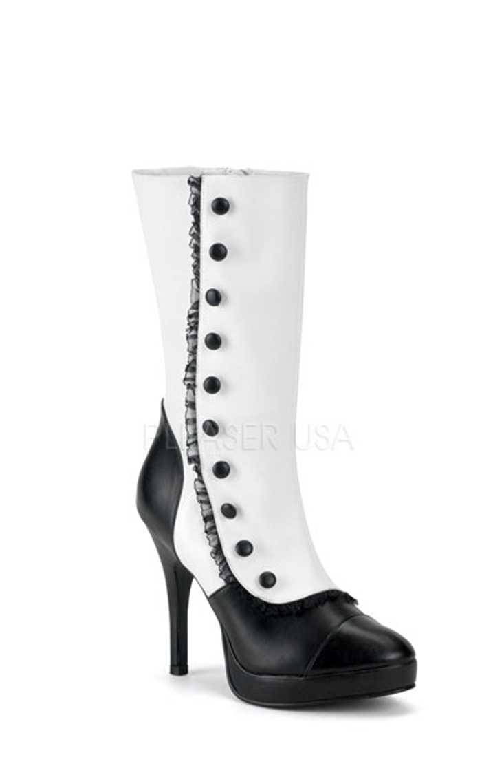 White Black Ruffle Trimmed Button Boots Faux Leather