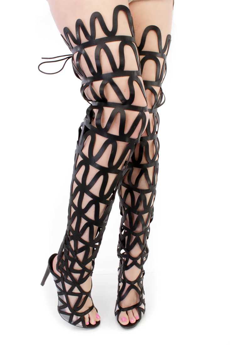Black Cut Out Design Gladiator High Heels Faux Leather