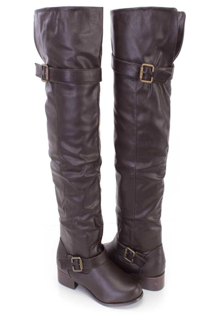 Brown Thigh High Flat Riding Boots Faux Leather