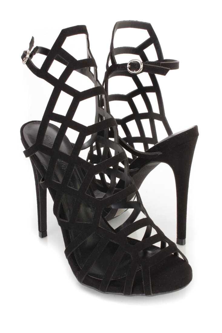 Black Caged Peep Toe Heels Faux Suede
