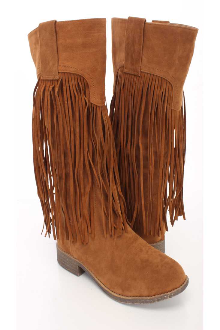 Camel Fringe Closed Toe Mid Calf Boots Faux Suede