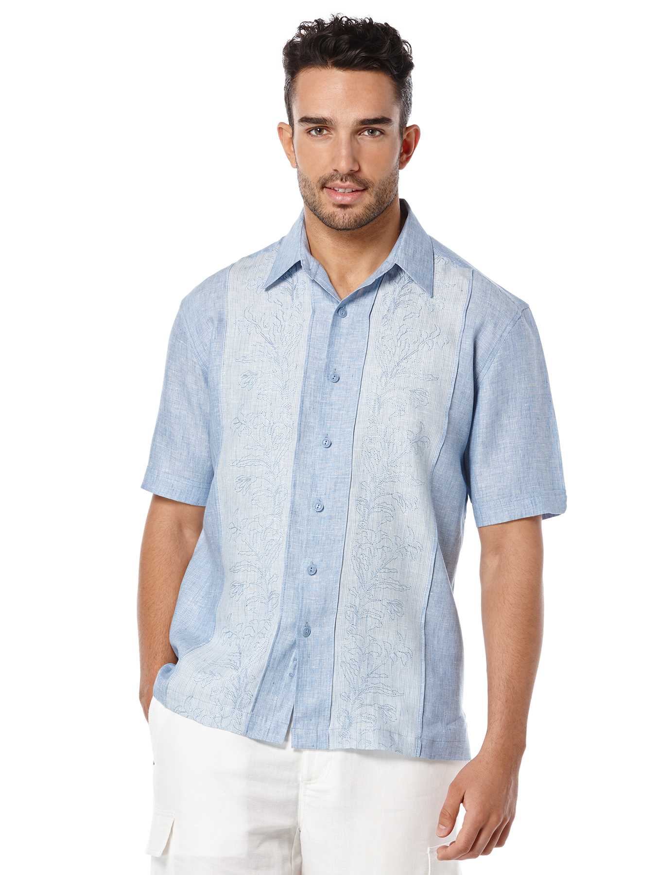 Cubavera Short Sleeve 100% Linen Embroidered Panel