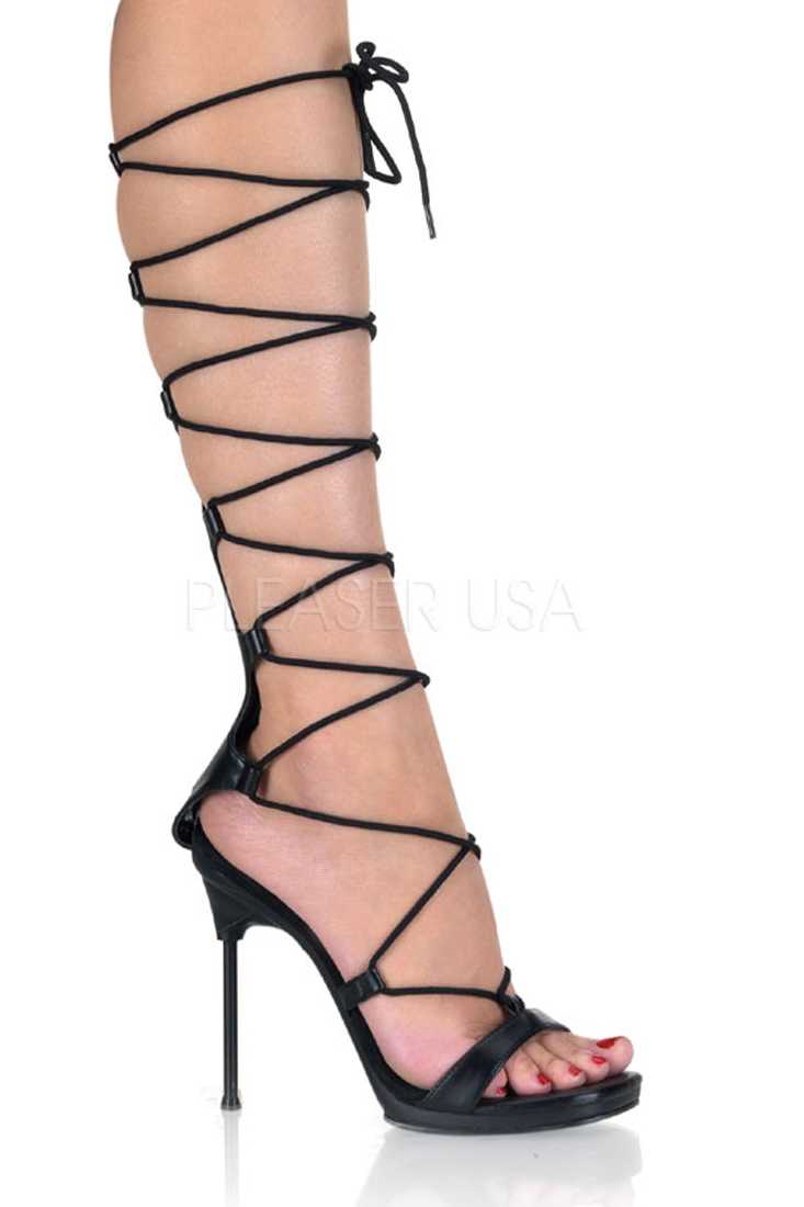 Black Strappy Lace Up Sandal High Heels Faux Leather