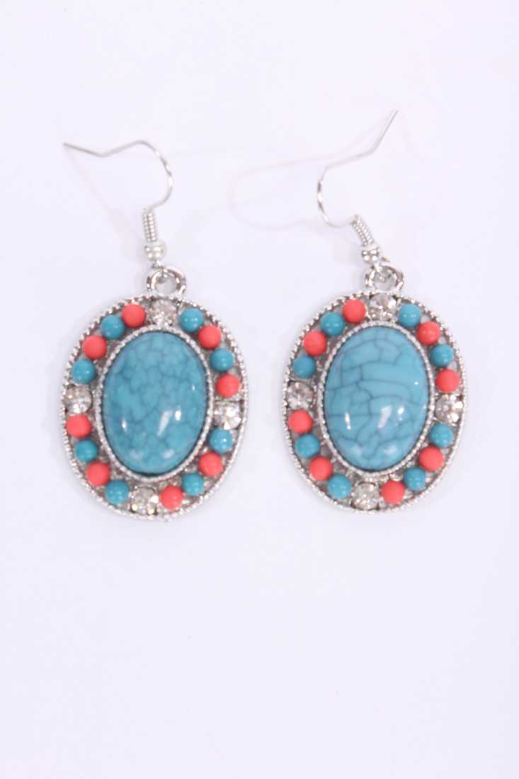 Teal Coral Stone Center Rhinestone Accent Dangle Earrings