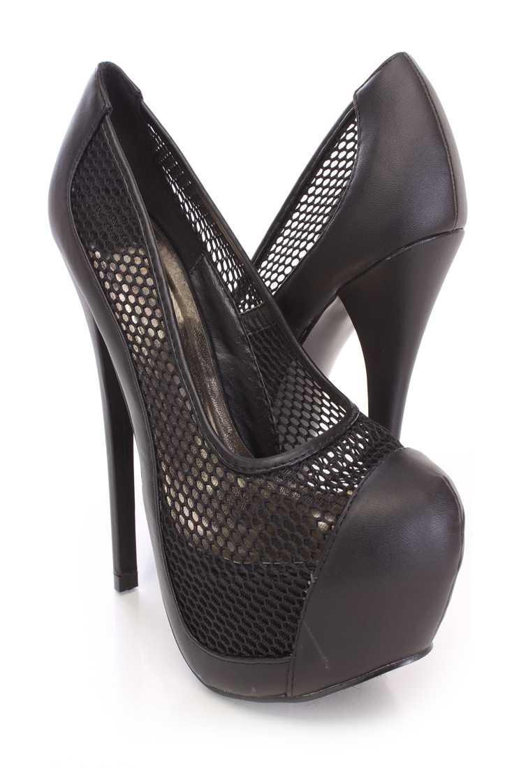 Black Platform Pump High Heels Faux Leather Mesh