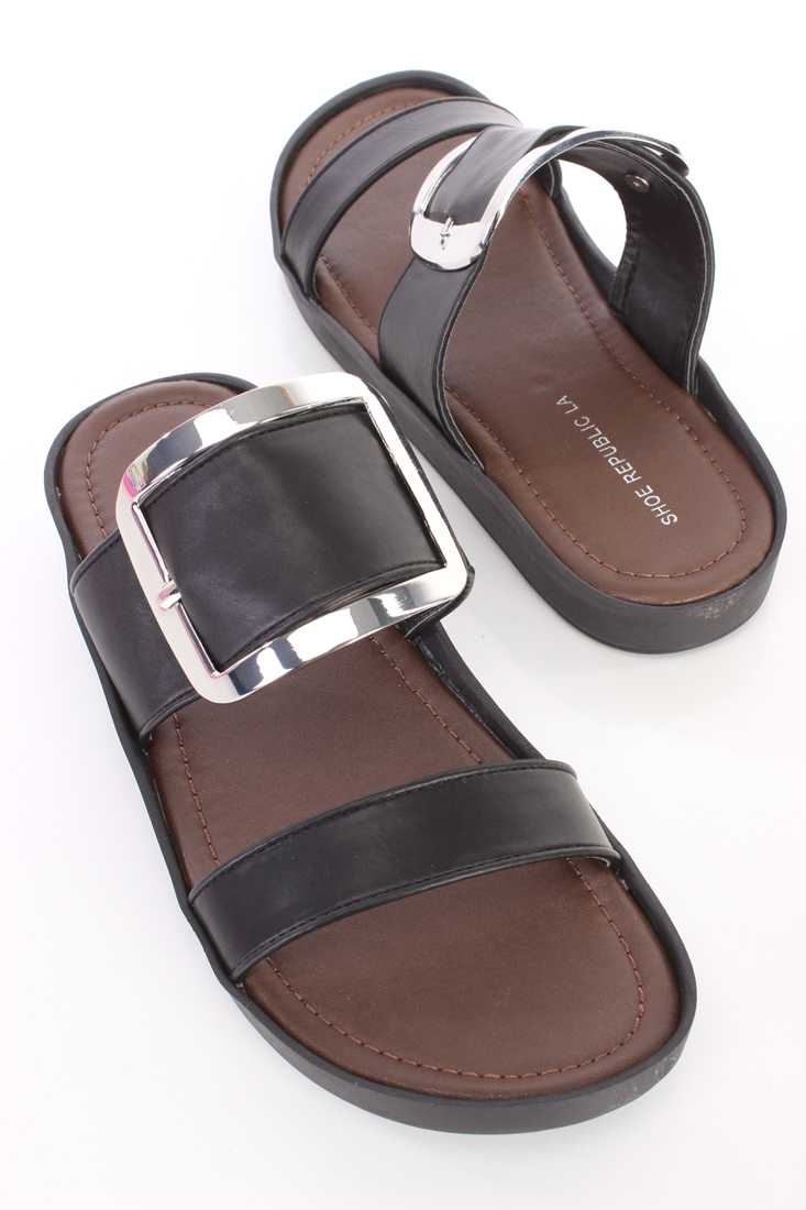 Black High Polish Buckle Strappy Sandals Faux Leather