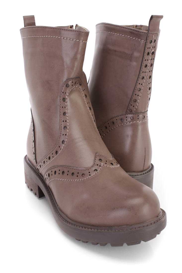 Grey Perforated Stitched Booties Faux Leather