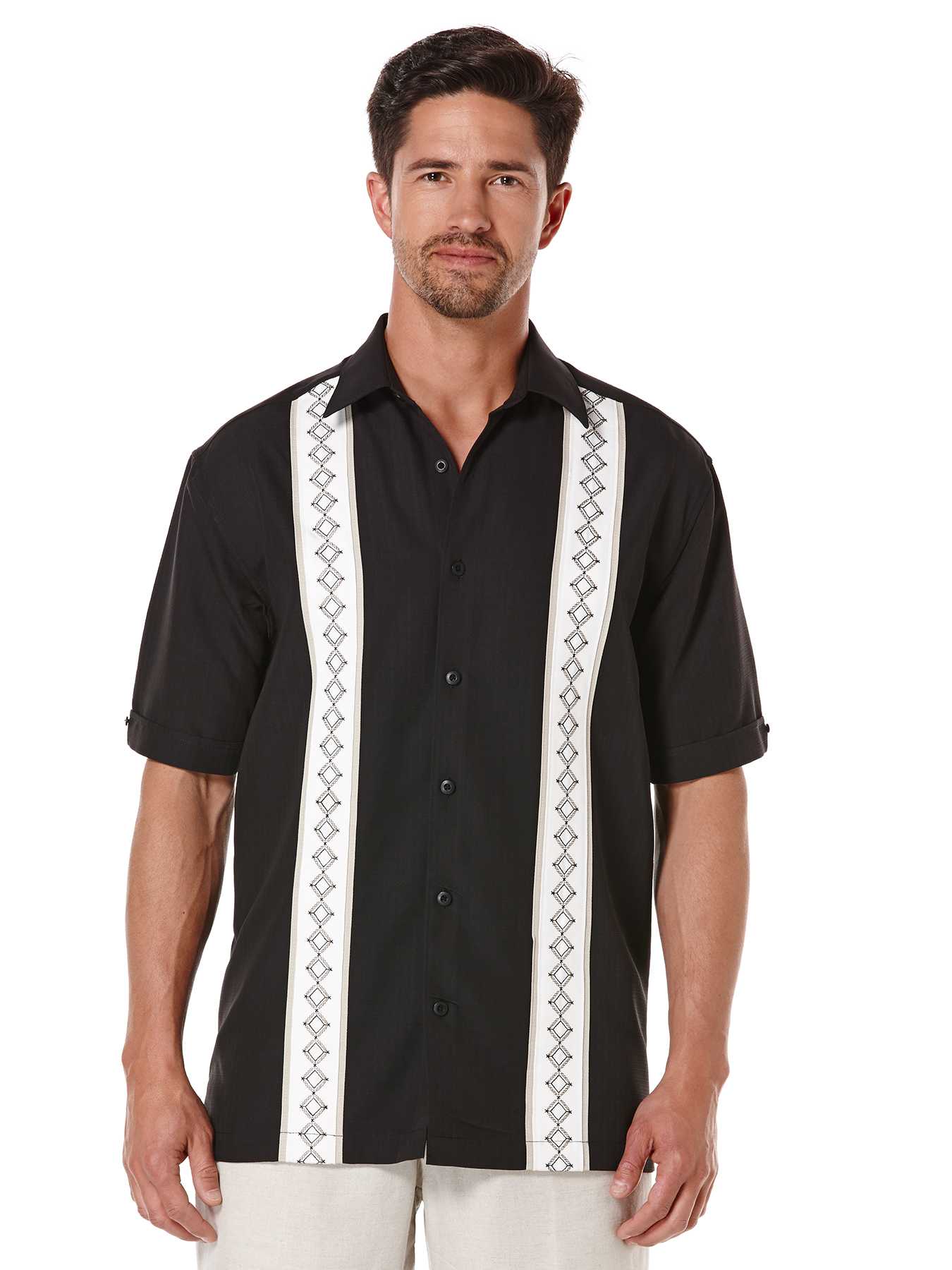 Cubavera Short Sleeve Texture Tri-Color Embroidered Panel