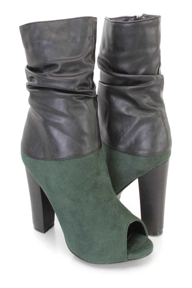 Olive Two Tone Slouchy Chunky Heel Boots Faux Suede