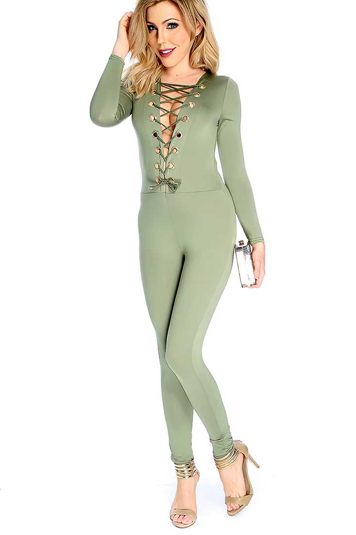 Sexy Olive Lace Up V Neck Long Sleeve Fitted Jumpsuit Outfit
