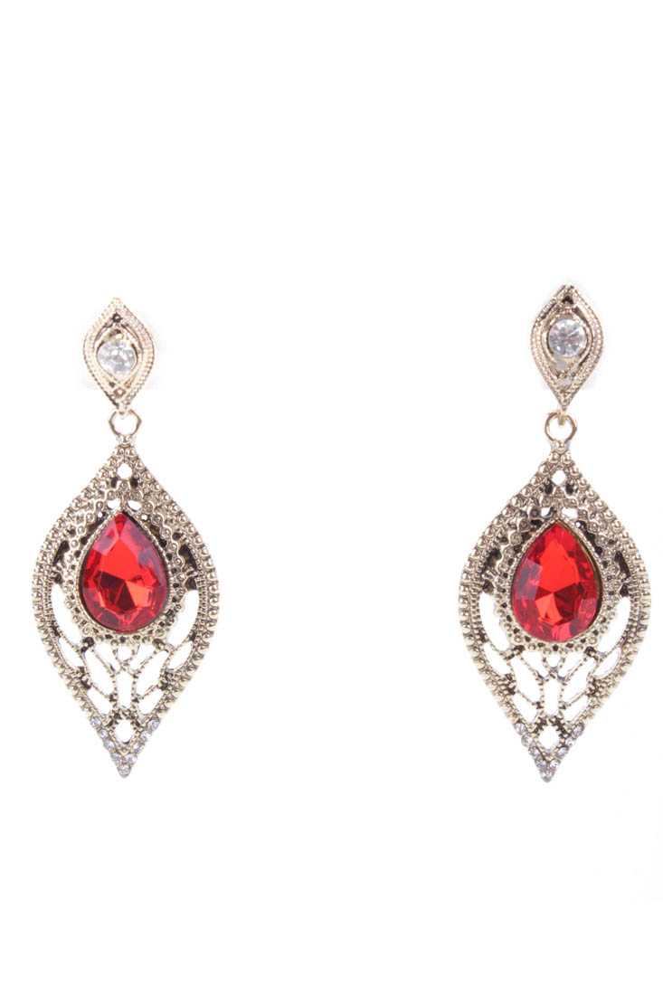 Red Gold Intricate Design Faceted Beaded Tear Drop Earrings