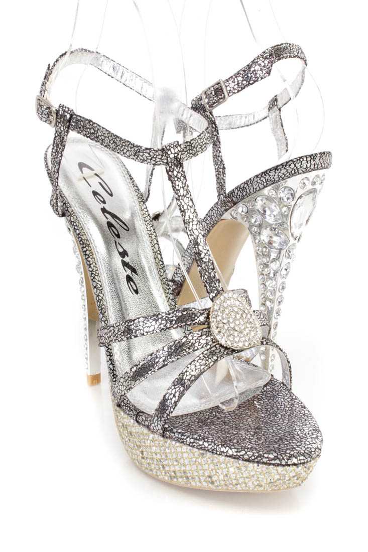 Silver Metallic Rhinestone Metal T Strappy Open Toe Heels Faux Leather