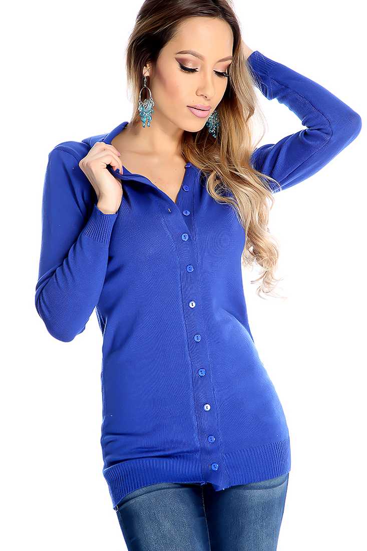 Royal Blue Button Up Long Sleeve Hooded Cardigan