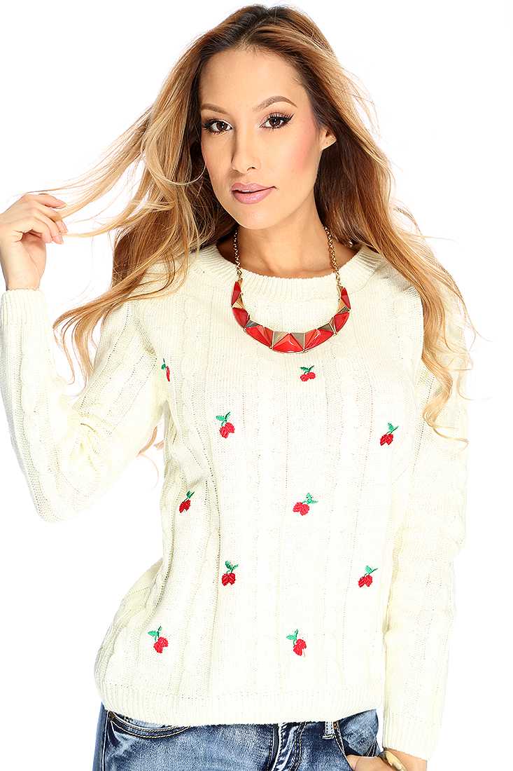 Ivory Long Sleeves Cherry Accent Casual Sweater