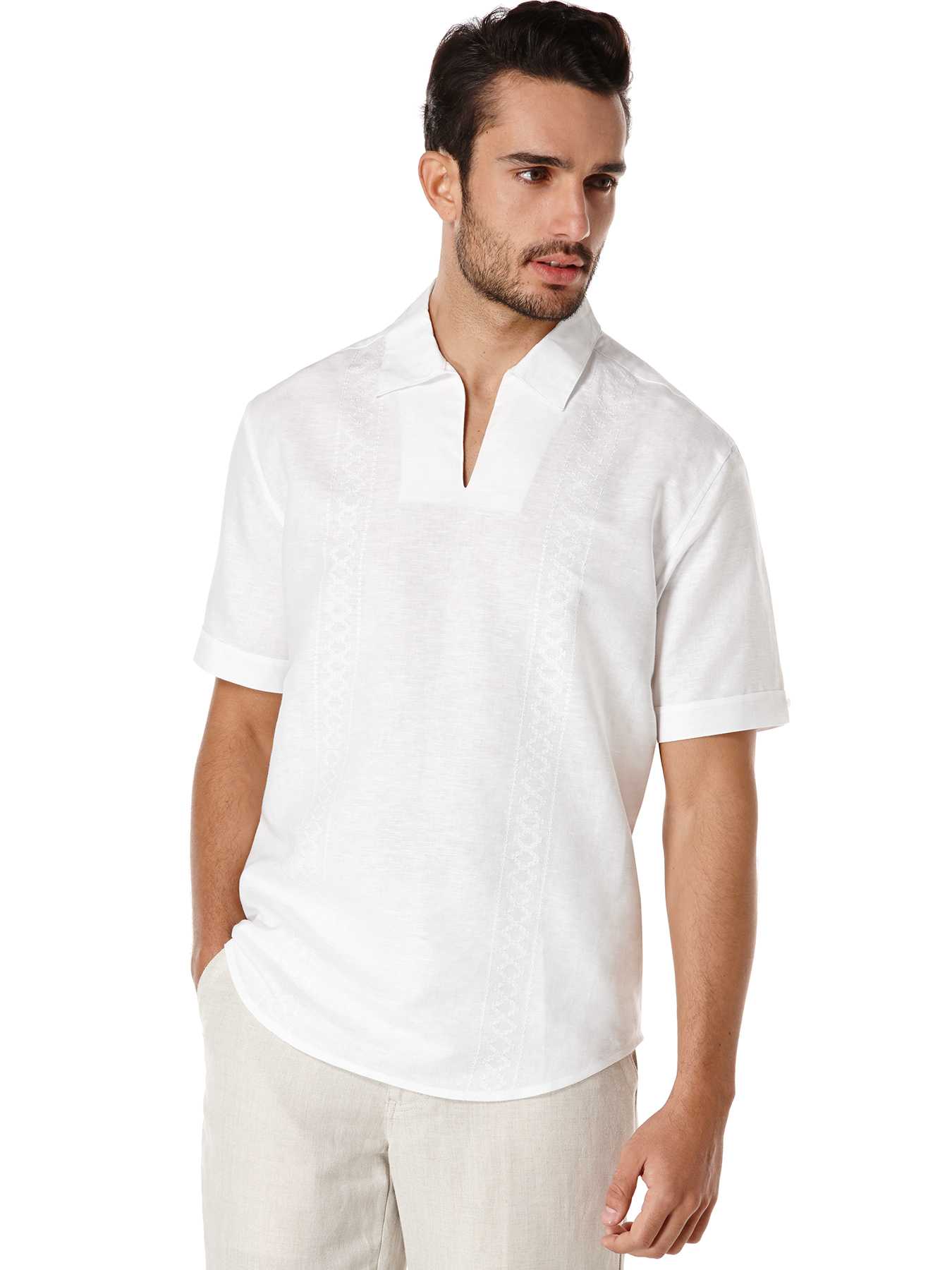 Cubavera Linen Short Sleeve Embroidered Johnny Collar Popover