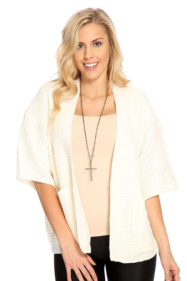 White Knitted Short Sleeve Open Front Sweater