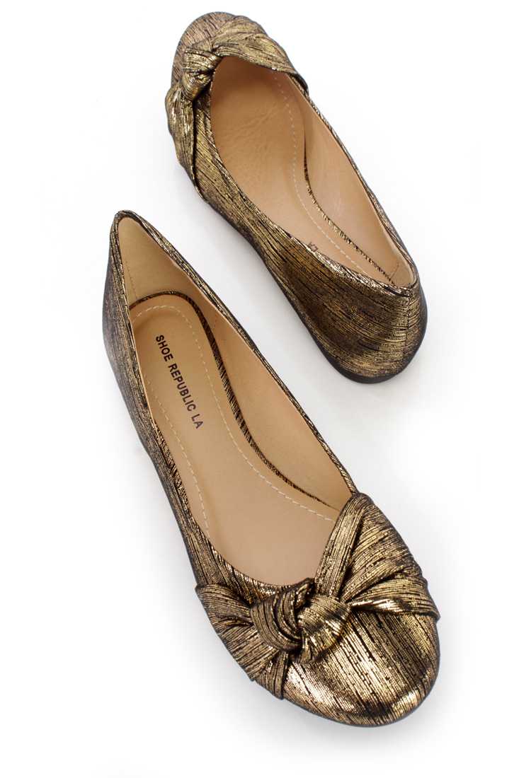 Gold Knotted Strap Ballet Flats Metallic Fabric