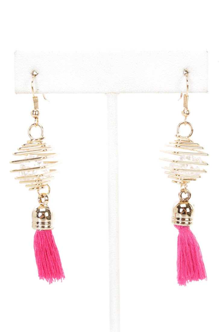 Fuchsia Gold Cage and Tassel Detailed High Polish Earrings