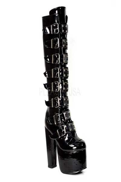Black Patent Faux Leather Strappy Boots